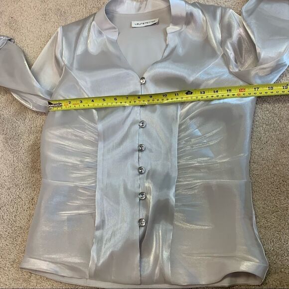 Laura Petites Silver pearl shiny coloured evening formal blouse size 10P - Picture 8 of 9